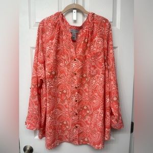 Catherines 3X Tangerine, White, & Gold Blouse w/ Roll Tab Sleeves & Gold Buttons